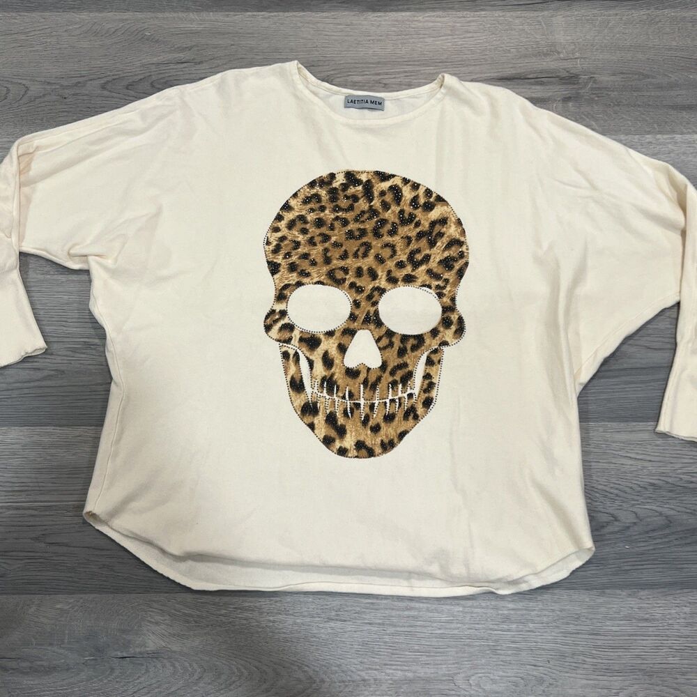 Laetitia Mem Beige Batwing Skull Leopard Beaded Sweater Size M-L
